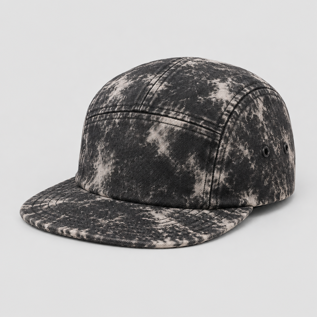 Acid Trace 5-Panel Cap in acid-washed black, three-quarter view