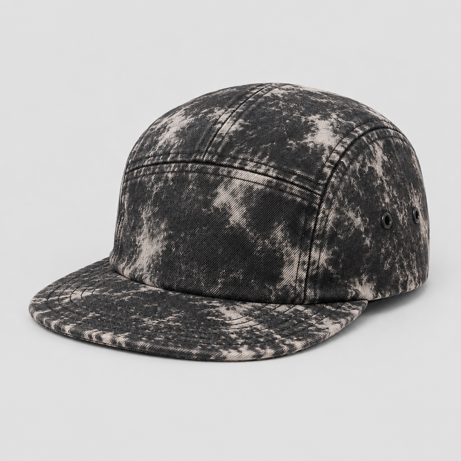 Acid Trace 5-Panel Cap in acid-washed black, three-quarter view