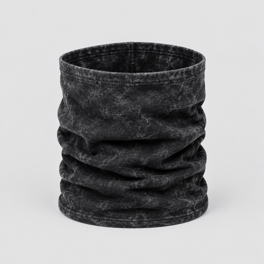 Acid Trace Neck Gaiter in acid-washed black jersey
