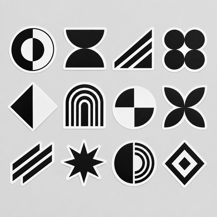 AFTERFORM Sticker Pack, twelve black and white die-cut stickers shown flat