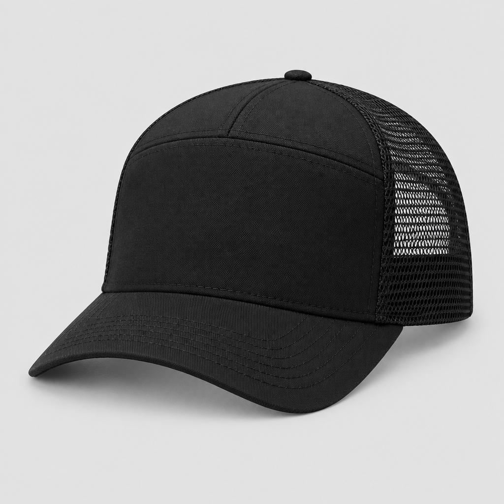 Afterhours Trucker Cap in black with mesh back, three-quarter view