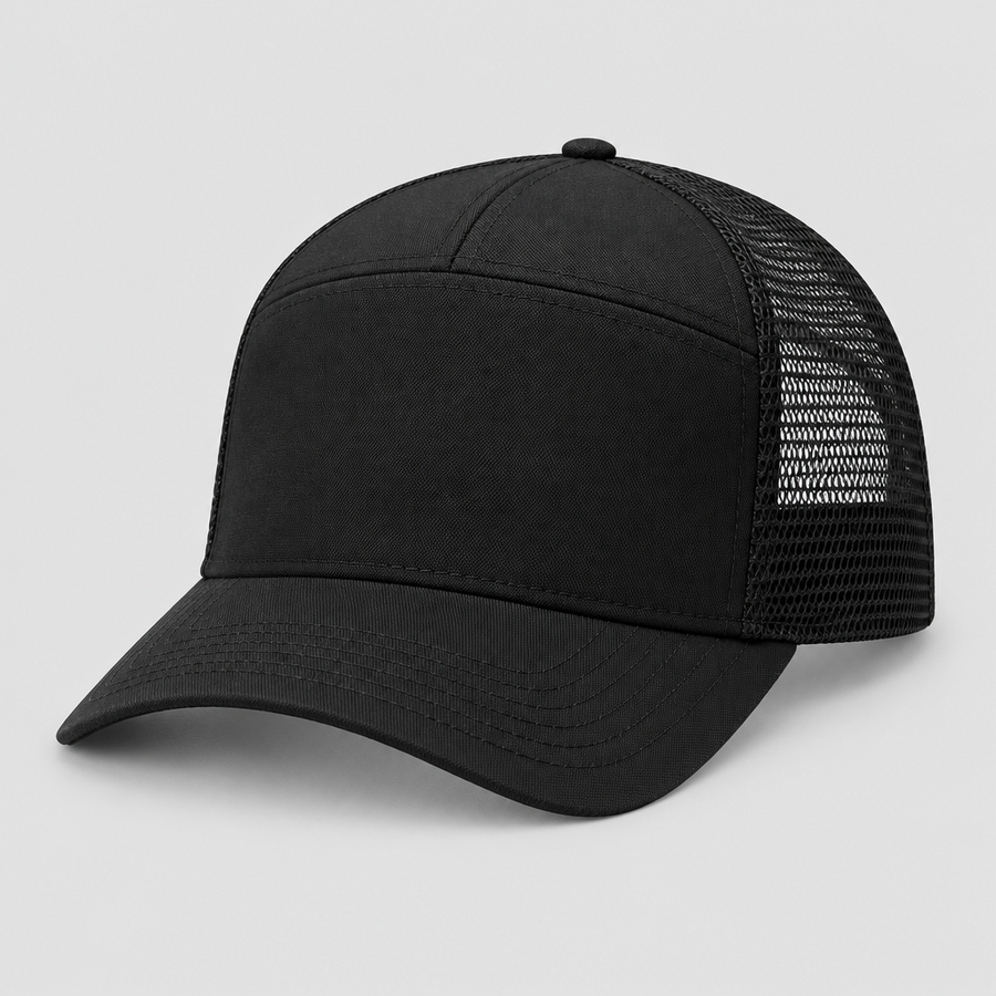 Afterhours Trucker Cap in black with mesh back, three-quarter view
