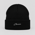 Chrome Script Beanie in black with chrome script embroidery, front view