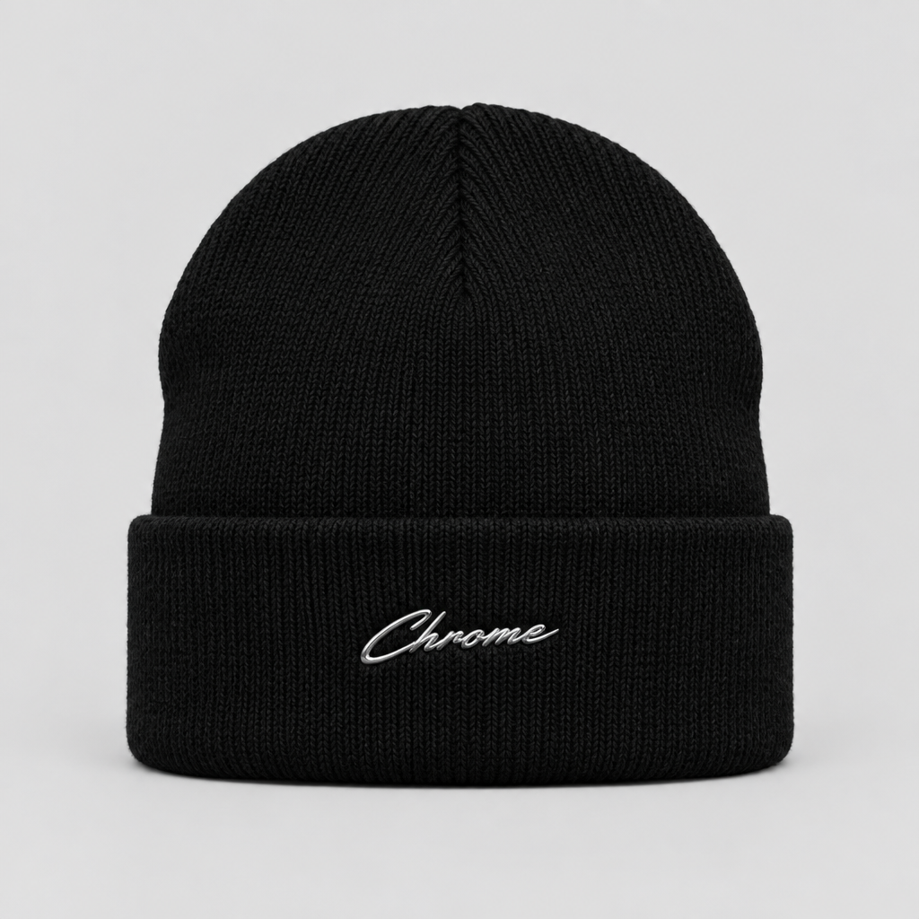 Chrome Script Beanie in black with chrome script embroidery, front view