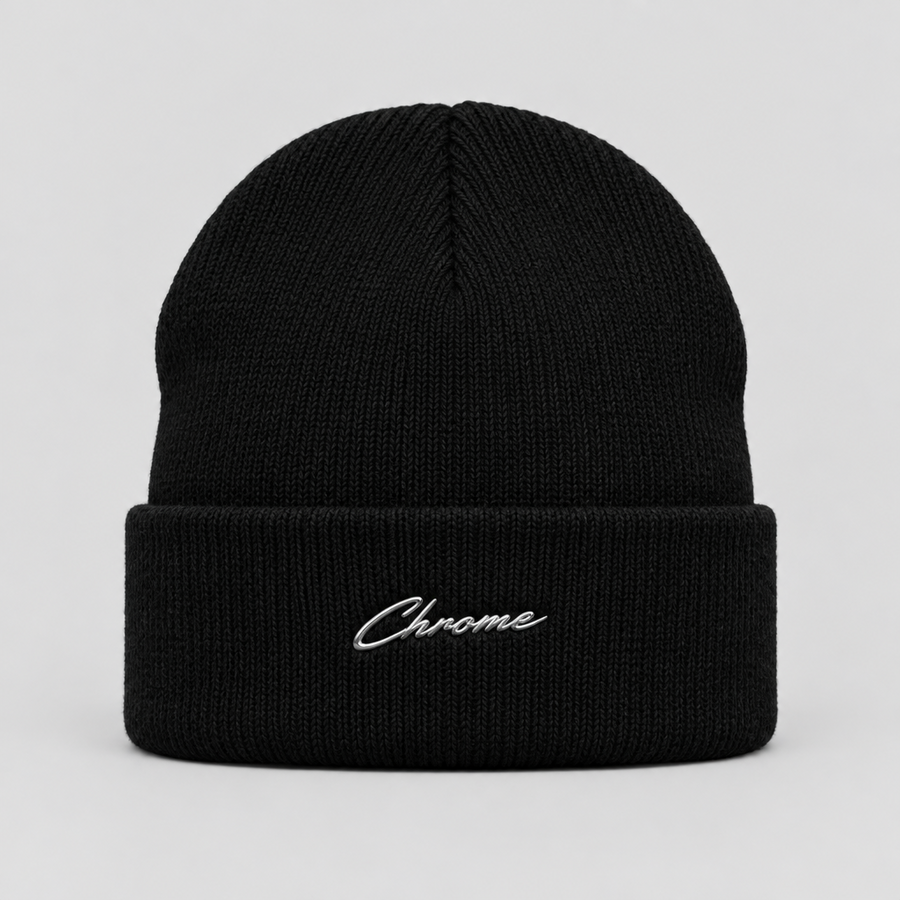 Chrome Script Beanie in black with chrome script embroidery, front view