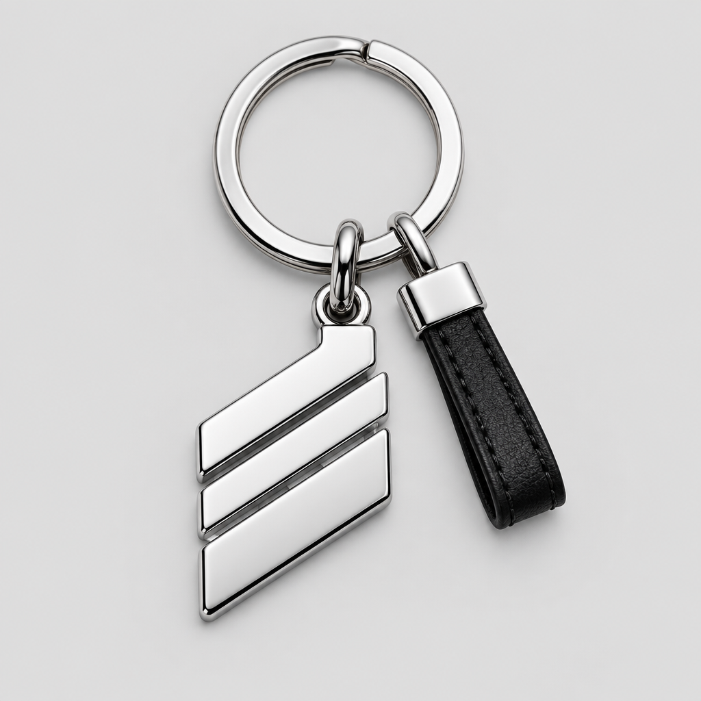 Chrome Bar Keychain with a polished three-bar charm, split ring and black pull tab