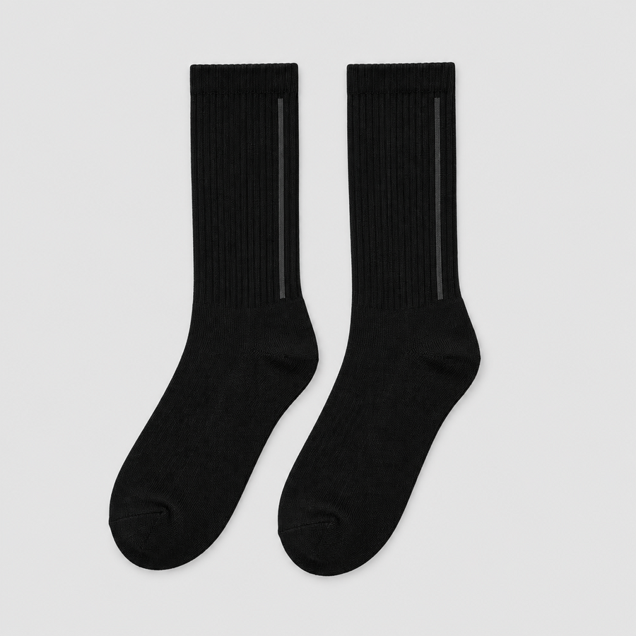 Circuit Rib Crew Socks in black, pair shown flat