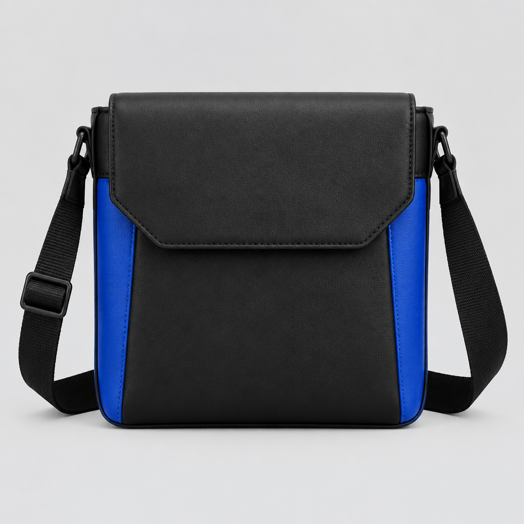 Cobalt Panel Crossbody in black with cobalt blue side panels, front view