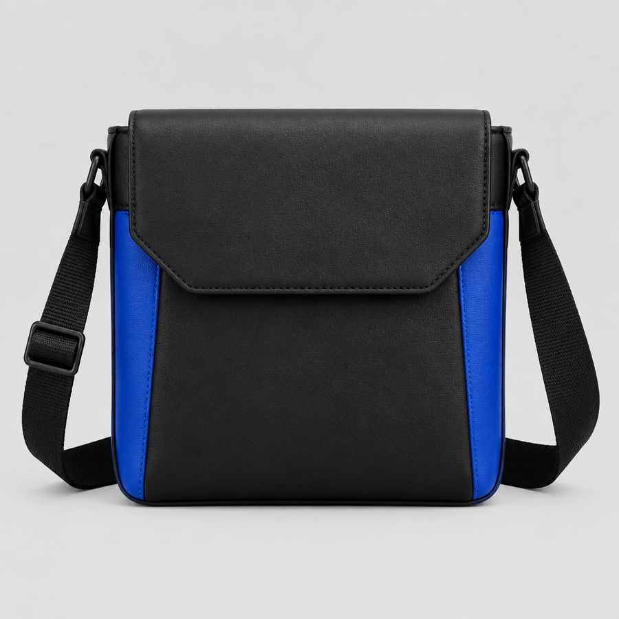 Cobalt Panel Crossbody in black with cobalt blue side panels, front view