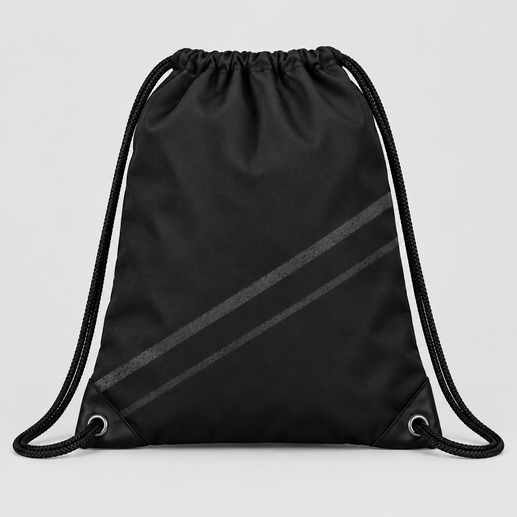 Ghost Hem Drawstring Bag in black with corner eyelets, front view