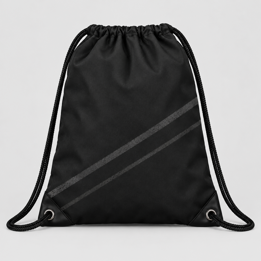 Ghost Hem Drawstring Bag in black with corner eyelets, front view