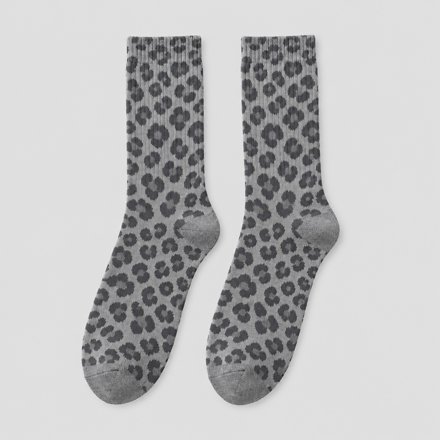 Leopard Layer Crew Socks in two-tone grey leopard, pair shown flat