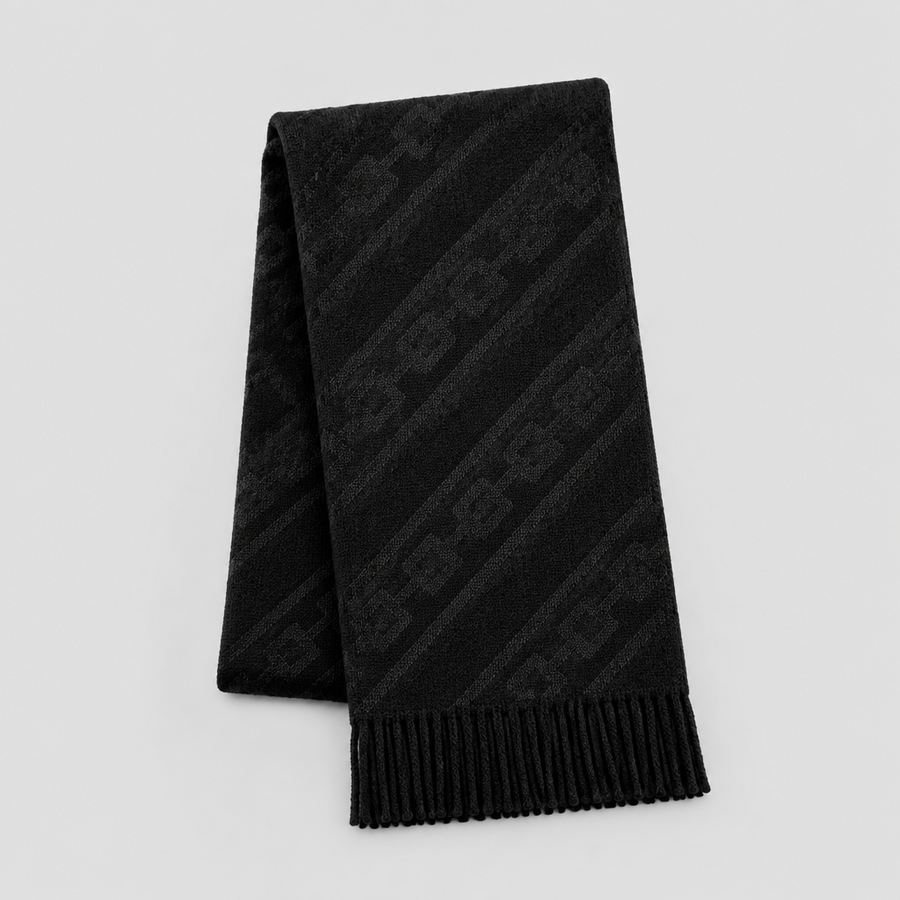 Night Garden Scarf in black brushed knit with tonal jacquard, folded