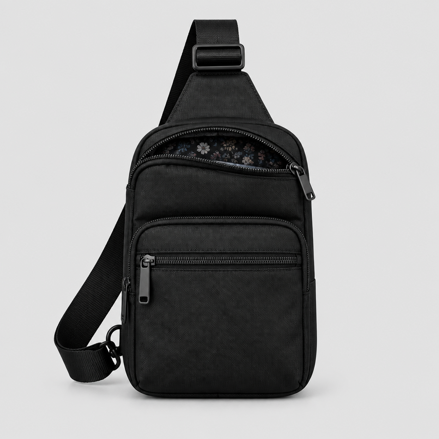 Night Garden Sling Bag in black with dual zip compartments, front view