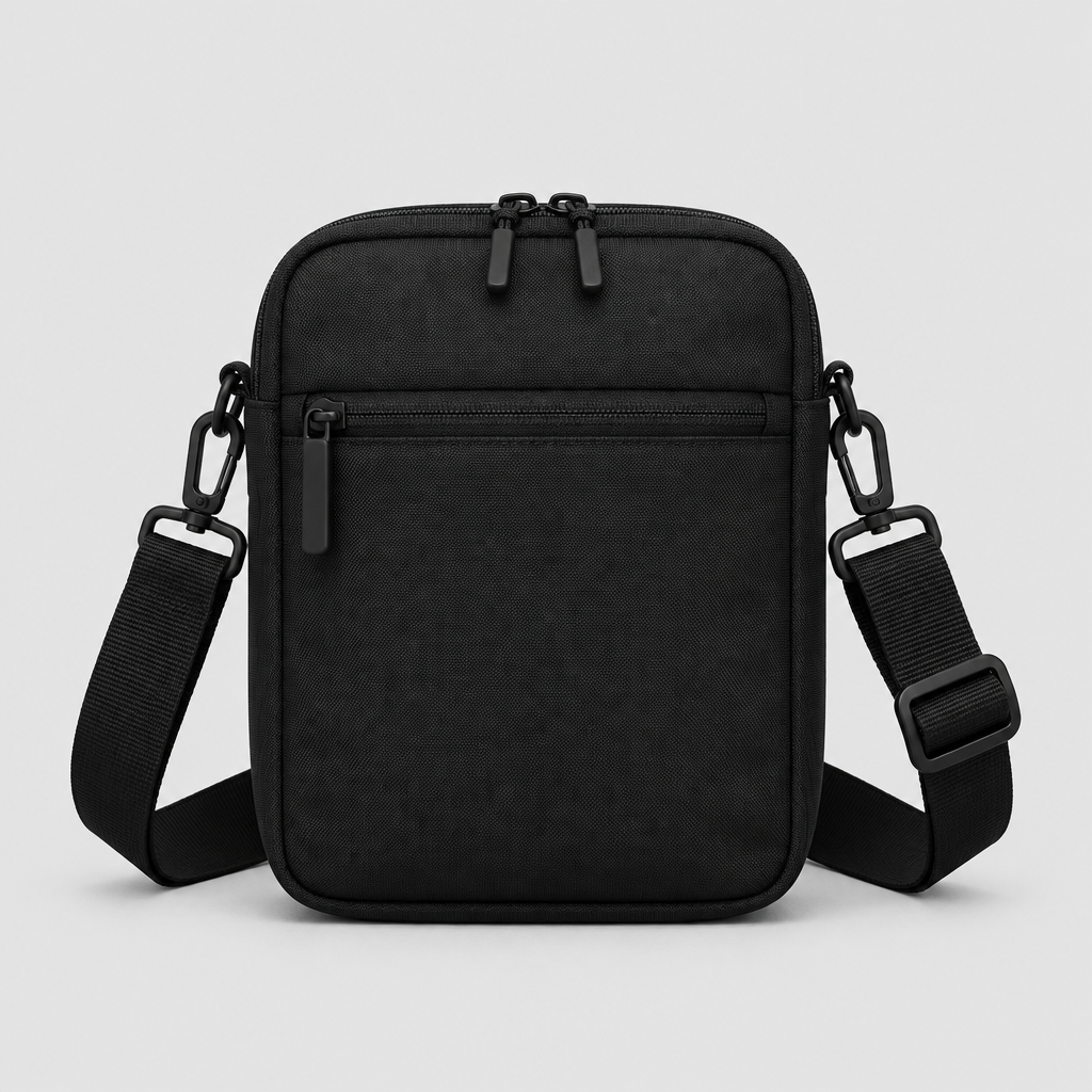Orbit Shoulder Bag in black with webbing strap, front view