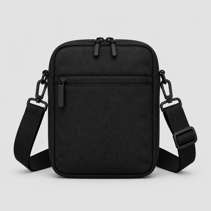 Orbit Shoulder Bag in black with webbing strap, front view