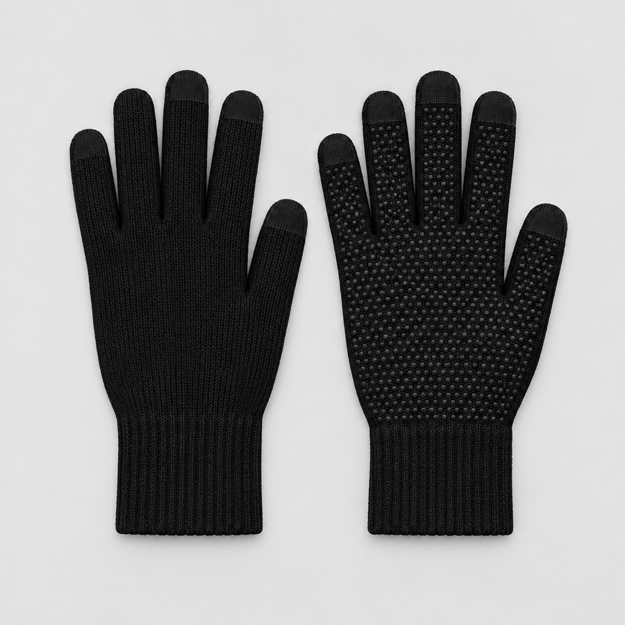 Pressure Tech Gloves in black knit with grip palm, pair shown flat