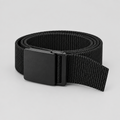 Recoil Web Belt in black webbing with flat black buckle, coiled