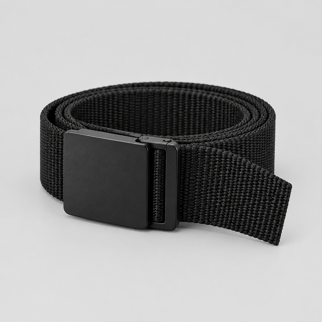 Recoil Web Belt in black webbing with flat black buckle, coiled