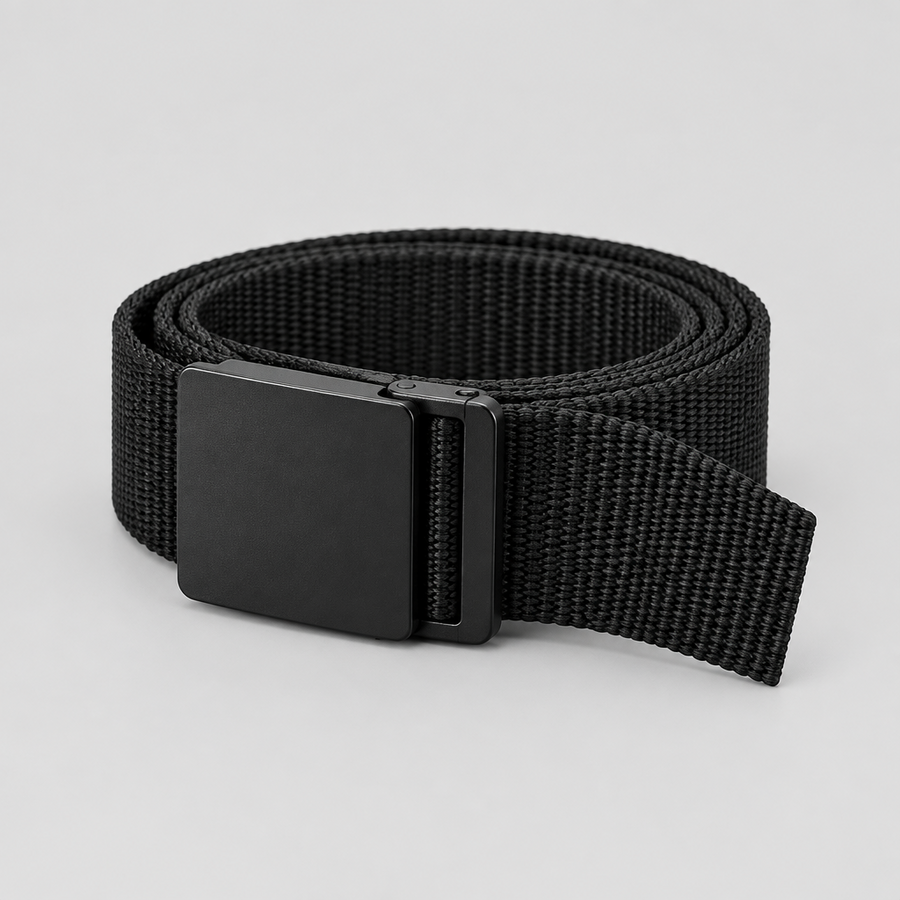 Recoil Web Belt in black webbing with flat black buckle, coiled
