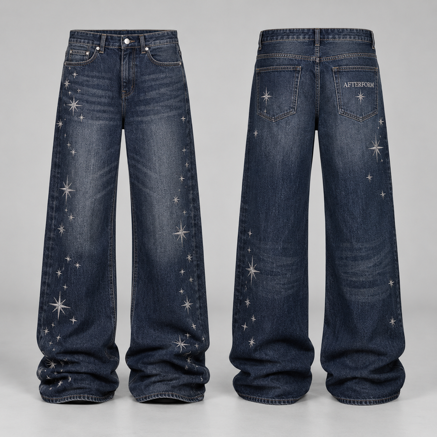 AFTERFORM Starfall Stack Jeans, front and back views