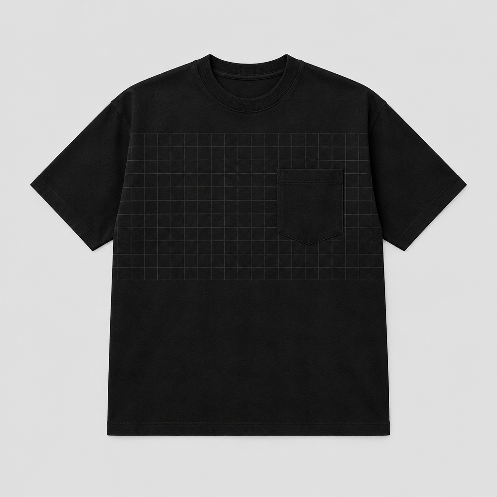 Static Grid Pocket Tee in black with tonal grid print, shown flat