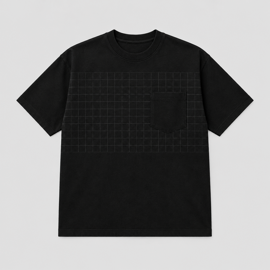 Static Grid Pocket Tee in black with tonal grid print, shown flat