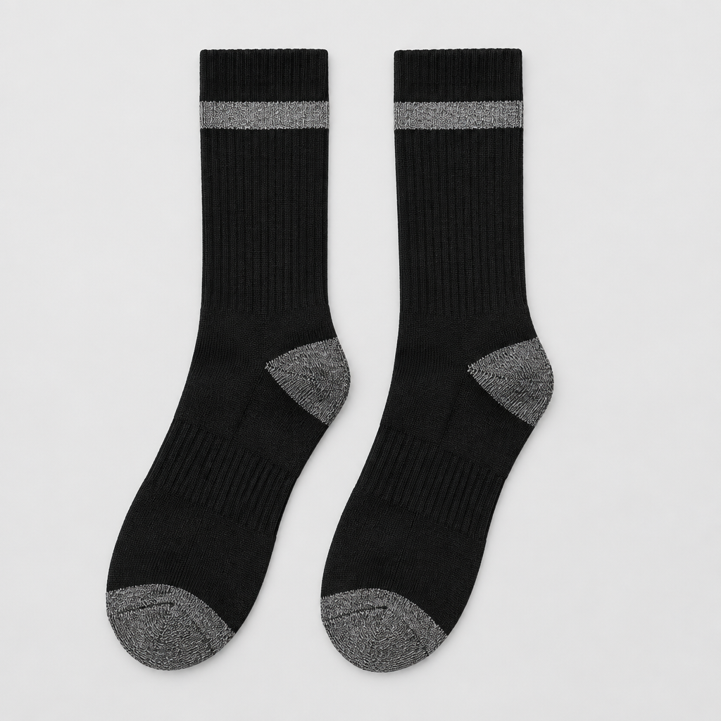 Static Logo Crew Socks in black with grey cuff band, pair shown flat