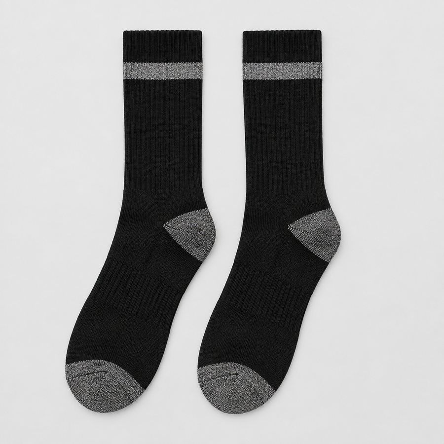 Static Logo Crew Socks in black with grey cuff band, pair shown flat