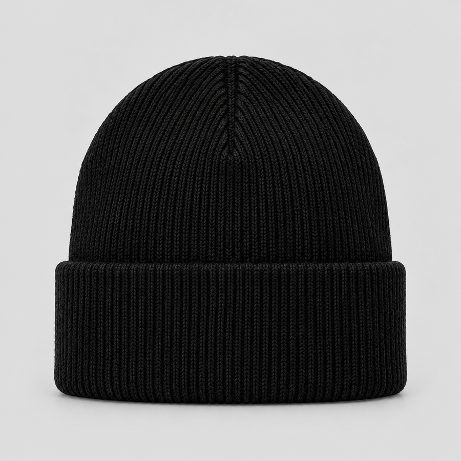 Static Seam Beanie in black, front view
