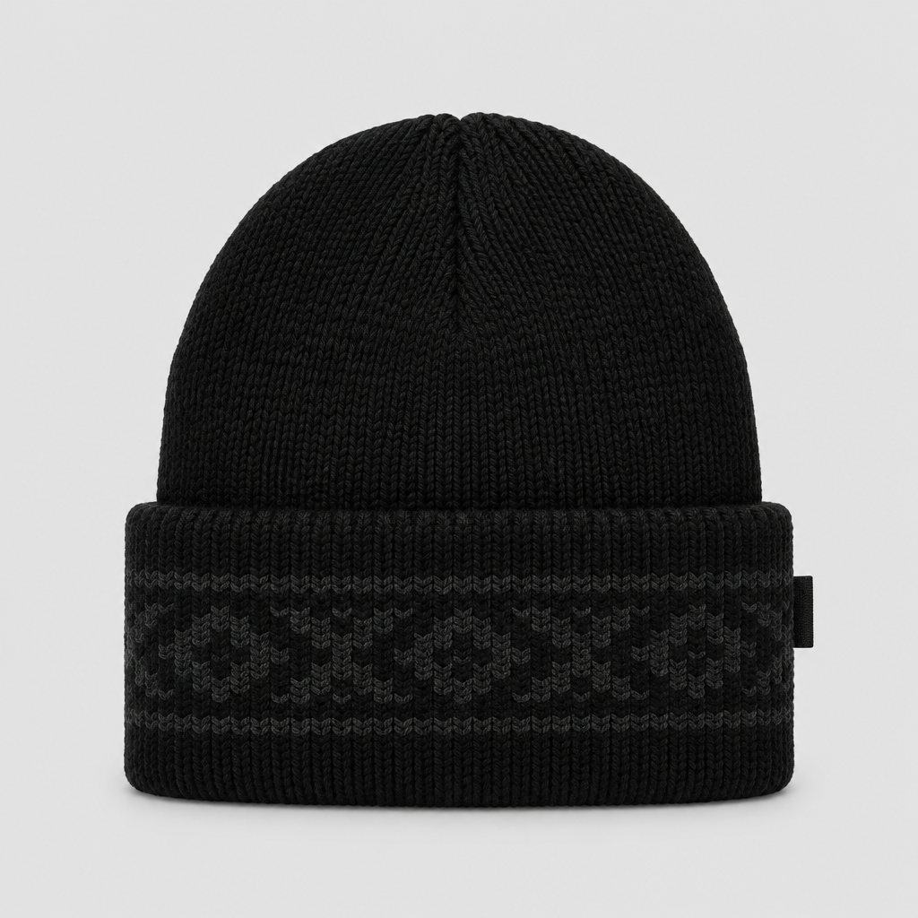 Thornline Cuff Beanie in black with jacquard cuff band, front view