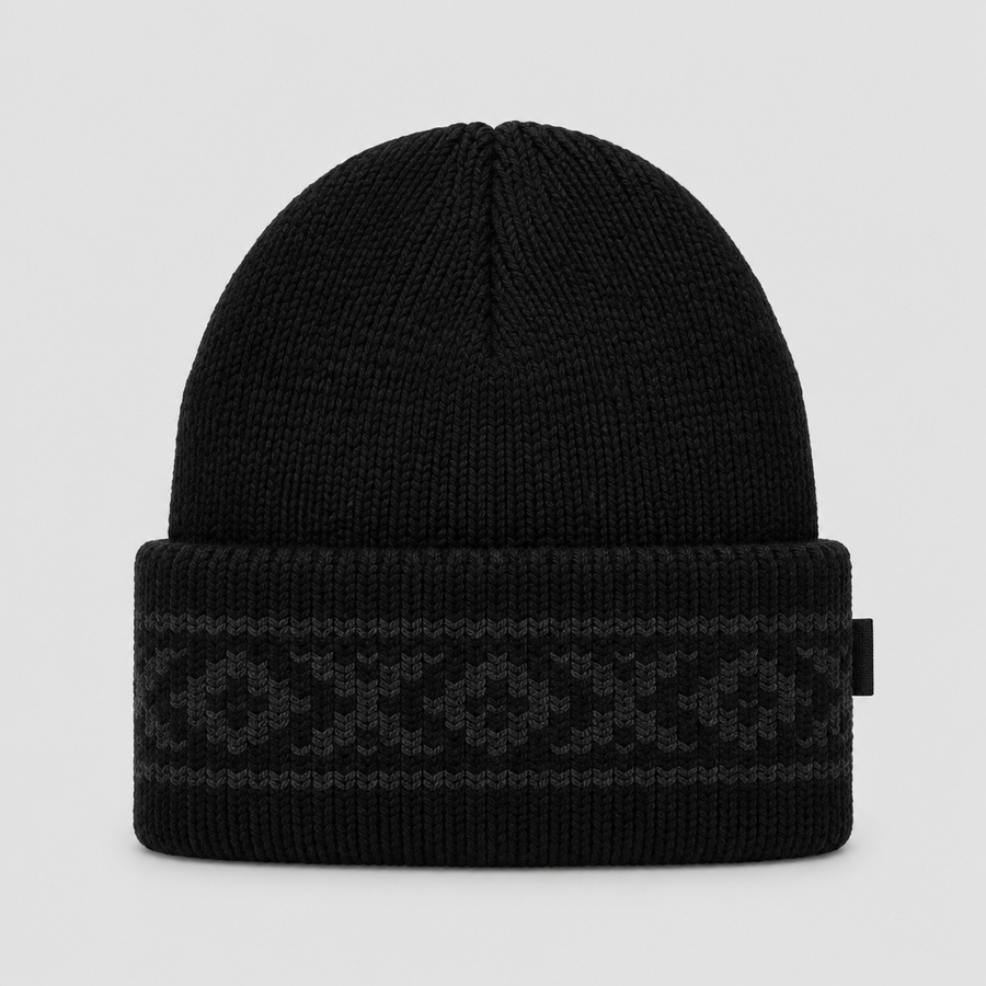 Thornline Cuff Beanie in black with jacquard cuff band, front view