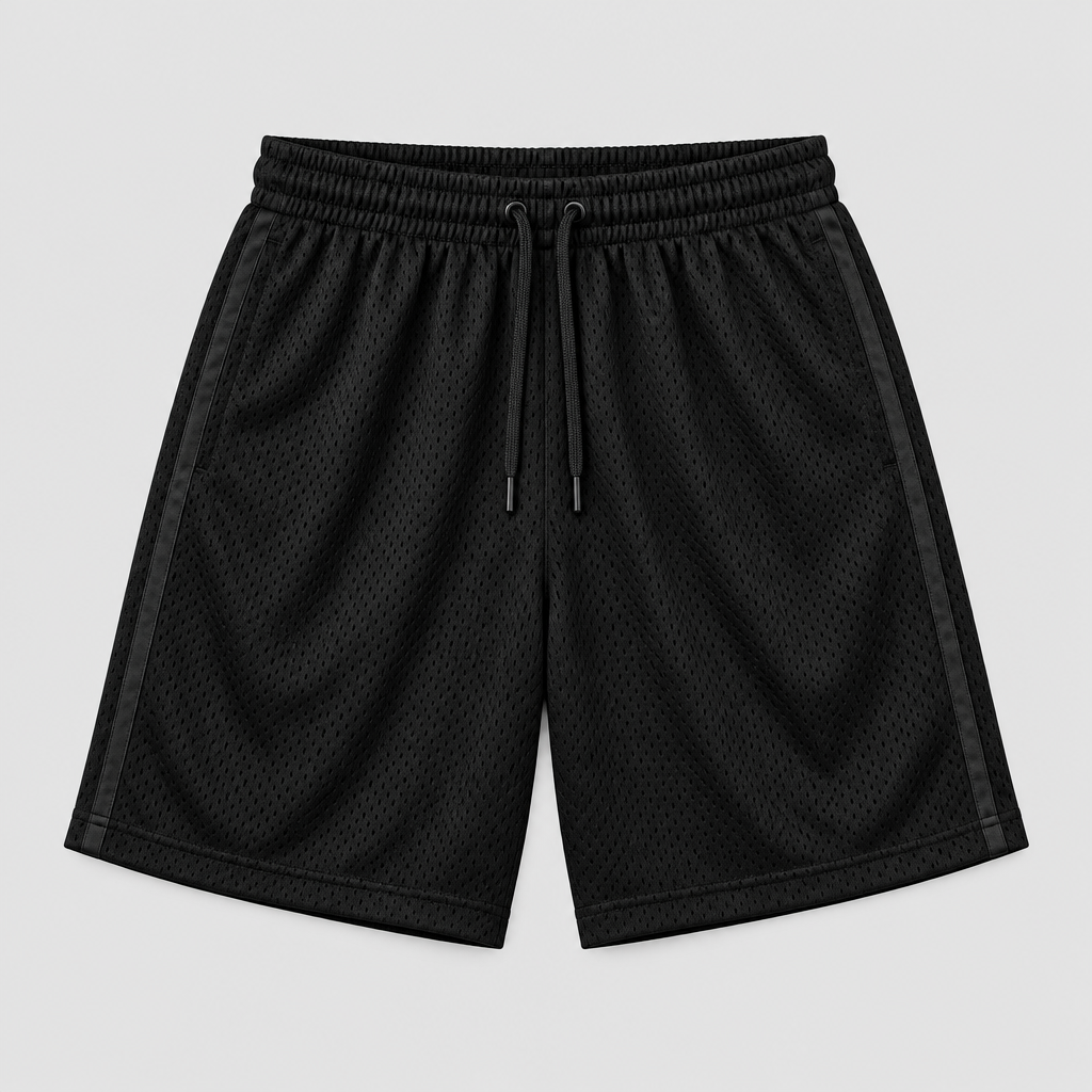 Thornline Mesh Shorts in black mesh, shown flat