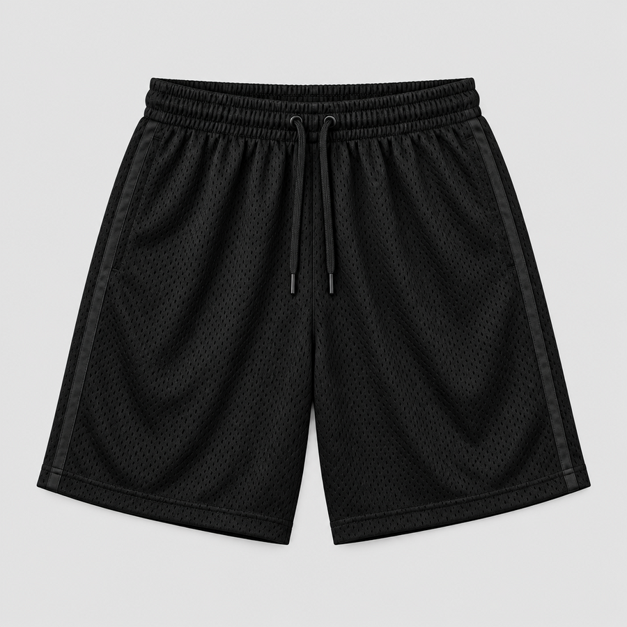 Thornline Mesh Shorts in black mesh, shown flat