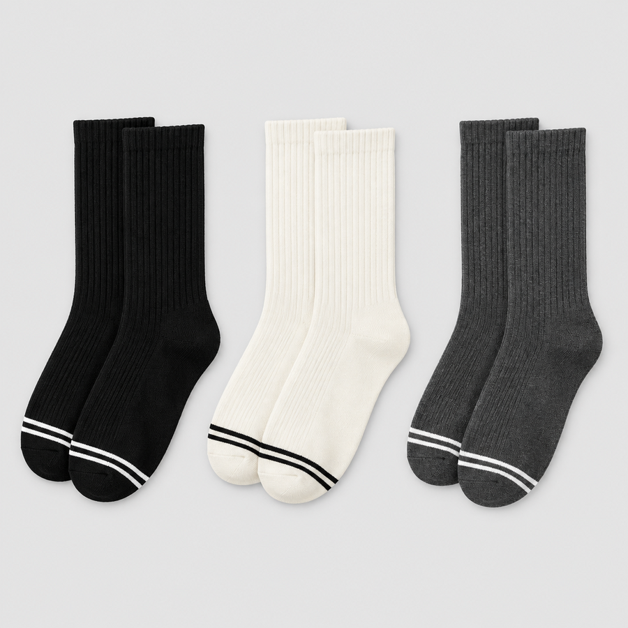 Thornline Sock 3-Pack in black, bone and charcoal, shown flat